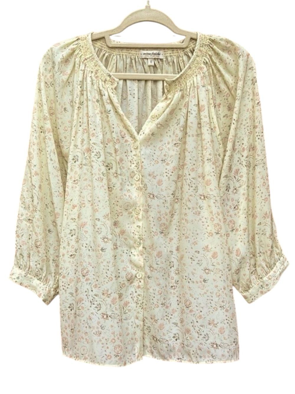 Creme Fraiche Top sz Medium Peasant Style Pale Yellow Cream with Floral Pattern